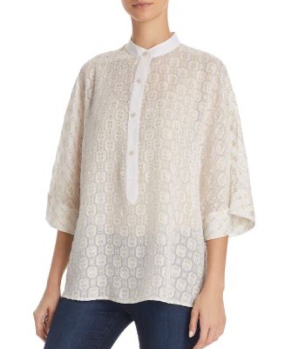 Tory Burch Tessa Gold Metallic Detailed Top Blouse Sz 10 Kimono Sleeves Button